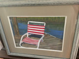 "Red & White Beach Chair" oil pastels on board - framed - by Nancy Carter