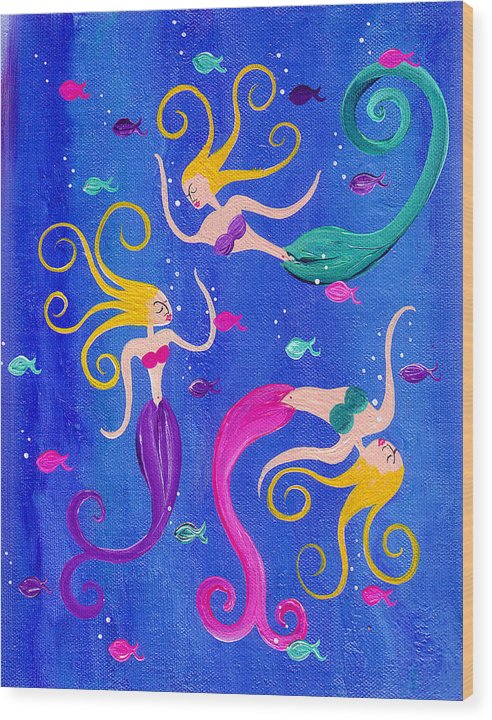 Blowing Bubbles Mermaids - Wood Print