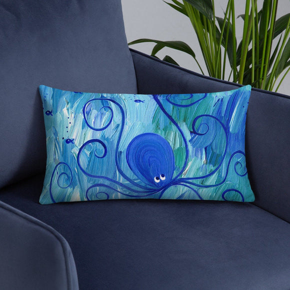 Octopus Throw Pillow swimming in blue ocean for beach cottage or nautical nursery